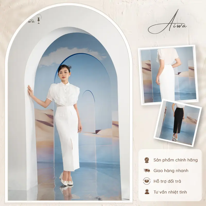 Chân Váy Bút Chì AIWA Xẻ Trước CV05TR/D Dáng Dài Hai Màu Basic Đen Trắng Có Nắp Túi Giả Sang Trọng Thanh Lịch Thời Trang Nữ Women 0