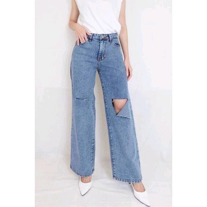 SHANA HIGHWAIST KULOT JEANS SOBEK Santai Celana Panjang Nyaman Wanita 1