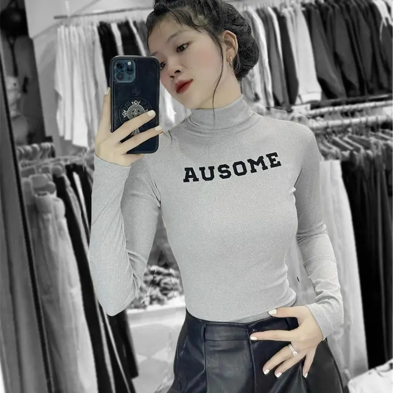 Áo dữ nhiệt AUSOME Dài tay  Thun tăm cổ lọ Ôm gọn Nữ Women Top Umi Xám Sport 0
