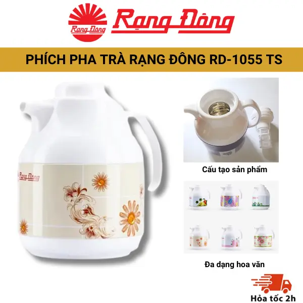 Bình pha trà giữ nhiệt 1L RẠNG ĐÔNG 1055TS, Ruột thủy tinh cao cấp, Giữ nóng sau 12h và giữ lạnh sau 24h 0