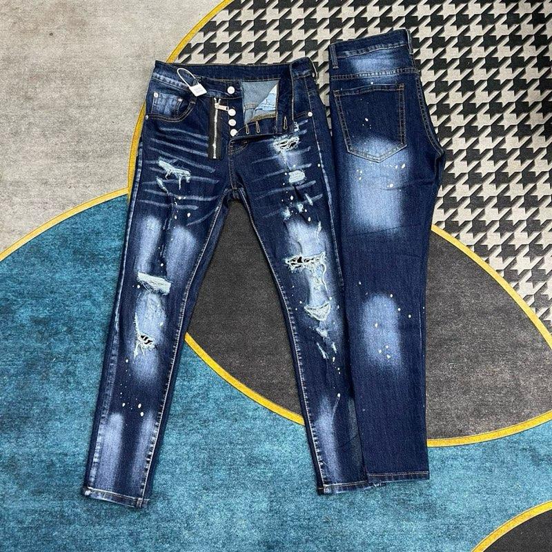 Quần d2 xanh mài rách vẩy sơn, mix khoá, 4 cúc new 2025