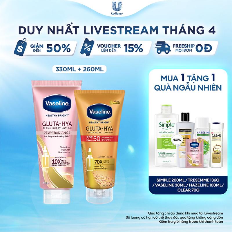 Combo 2 Sữa Dưỡng Da Body Vaseline Gluta-Hya LotionLotion Hỗ Trợ Dưỡng Sáng Da Và Chống Nắng 330 ML/chai, 260ML/chai [1]