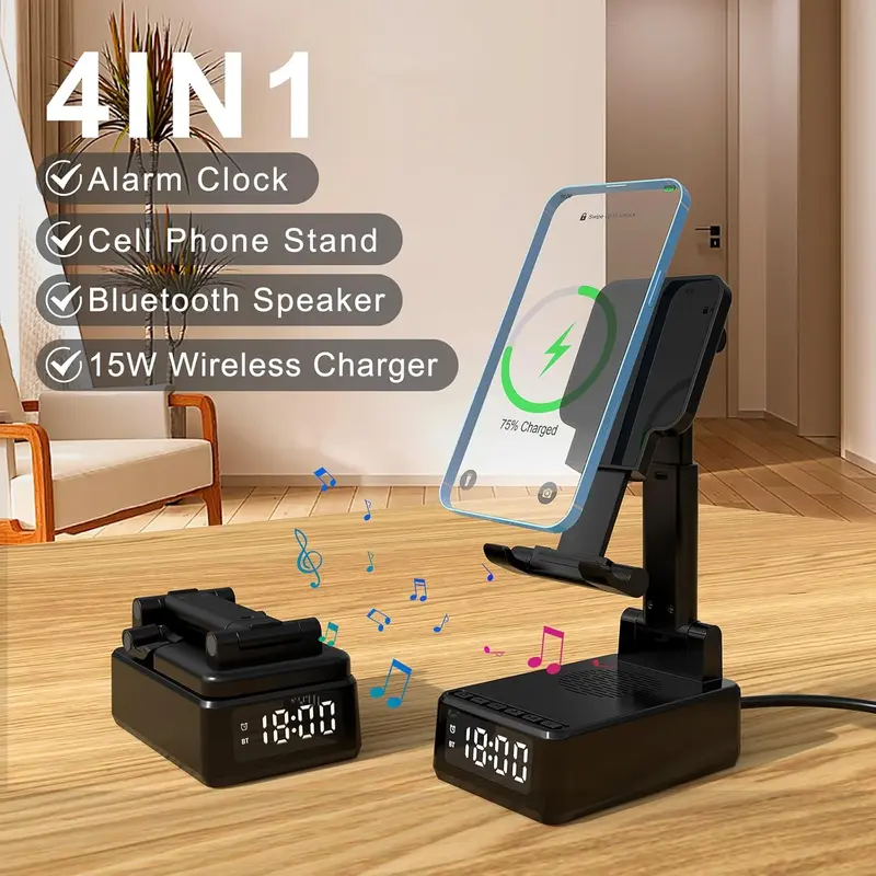 4 in 1 Phone Holder Support Wireless Charging, Multifunctional Wireless Charger with Alarm Clock, Adjustable Phone Stand for Home Office 2