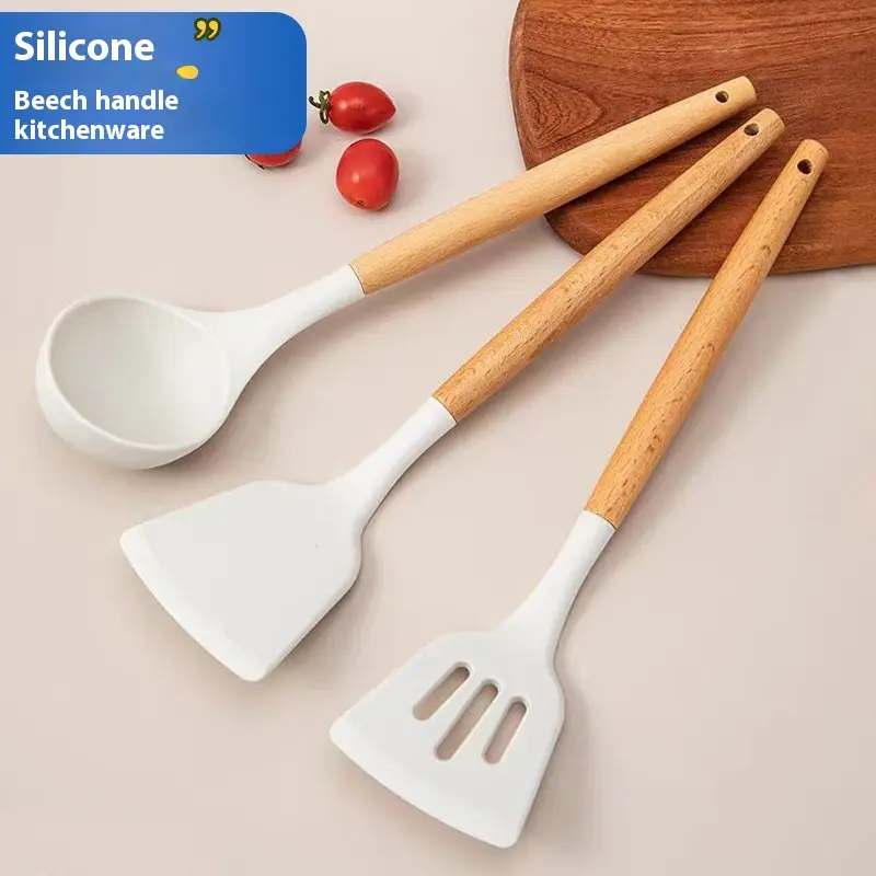 Solid wood handle silicone kitchen utensils high-grade food-grade high temperature resistant spatula non-stick pan special frying pan spatula soup spoon vegetable spatula cooking utensils set combination
