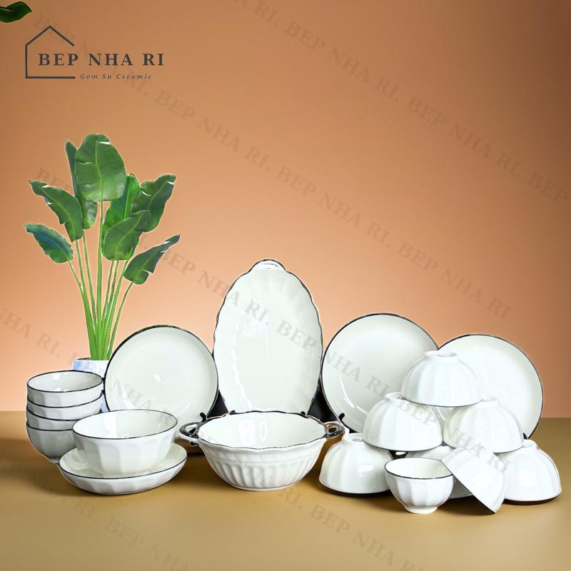 [ BepNhaRi ] Bộ Bát đĩa màu trắng viền đen Sọc Mới - Gốm sứ CERAMIC - Decor trang trí nhà cửa