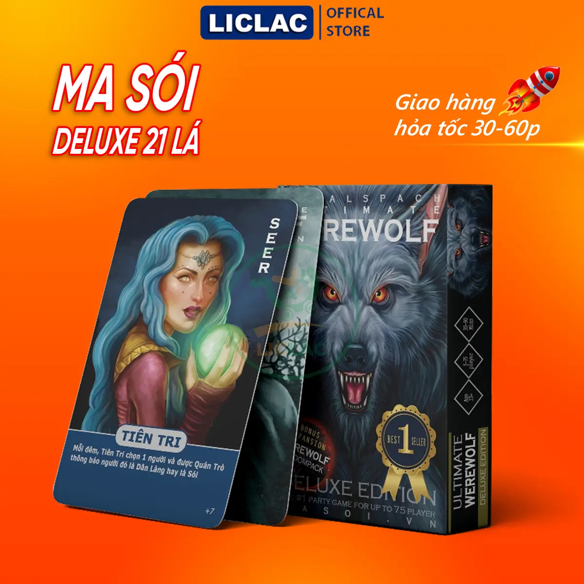 Bài Ma Sói Deluxe 21 lá giấy dày cán màng chống nước, Trò chơi Board game Werewolf Việt Hóa phù hợp mọi lứa tuổi