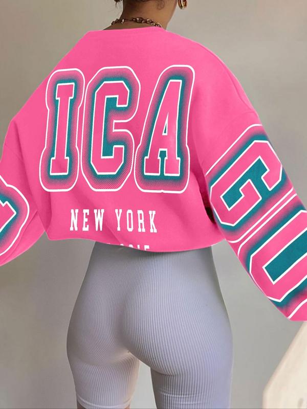 Women's Letter & Figure Print Drop Shoulder Sweatshirt, Fashion Casual Long Sleeve Round Neck Pullover for Daily Wear, Ladies Spring & Fall Clothes, Summer Outfits 2024 2