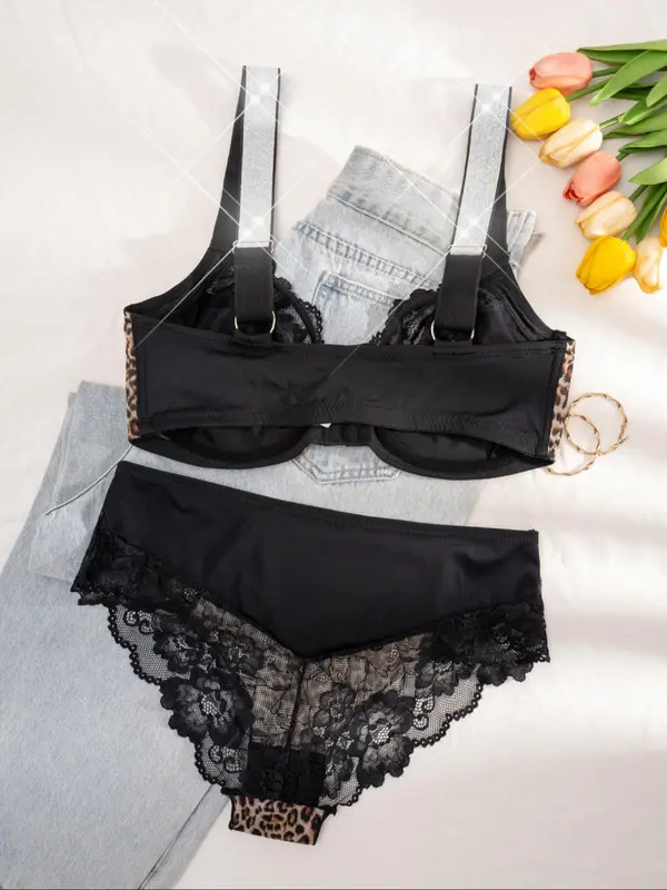 【Plus Size】 Leopard Print Underwire Bra & Panty Two-Piece Set, Elegant Comfy Breathable Lingerie Set for Daily Wear, Women's Underwear Set for All Seasons 1