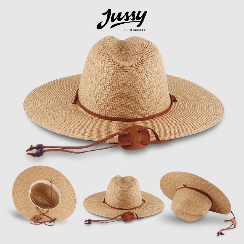 Mũ Cói Rộng Vành Phối Dây Da JCT07 Jussy Official Kiểu Nón Cói Cowboy Rộng Vành Che Nắng Đóng Hộp To Giữ Form Hat Voi Cap