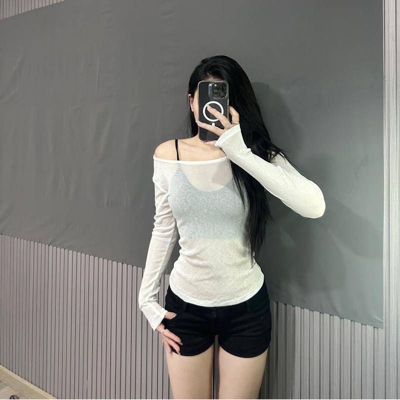    LV03   Áo lệch vai tay dài thun giấy NANEECLOTHING Women Nữ Top lụa áo sơ mi trễ vai lưới 