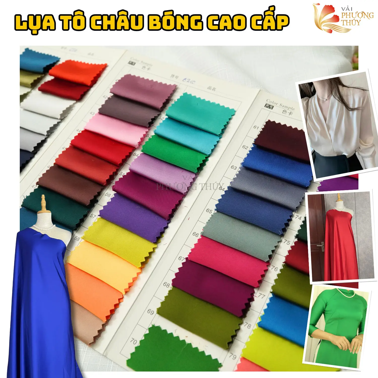 Vải lụa Tô Châu Mã Não cao cấp Phượng Thúy, khổ ngang 1m50 chất vải bóng dày có độ rũ cao, co giãn nhẹ lên áo dài, đầm body, sơmi cho nữ