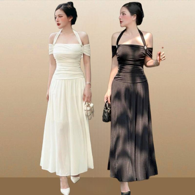 Đầm maxi trễ vai dây tặng tag đá chất liệu thun ánh kim 2 lớp cao cấp GIBER Nữ Women Dress Kim Tuyến Voi Kem Dệt đầm  len váy tiệc vaynoel
