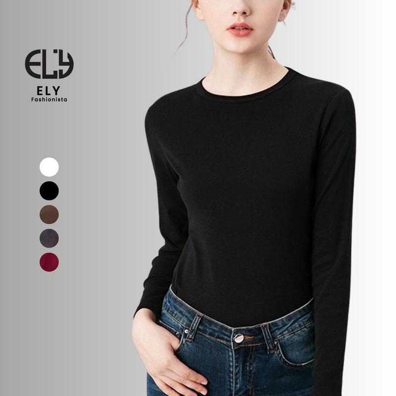 Áo phông nữ tay dài dáng ôm body thun cotton trơn HÀNG DÀY CAO CẤP cổ tròn màu đen trắng nâu xám, áo thun nữ dài tay cổ tròn ELY235