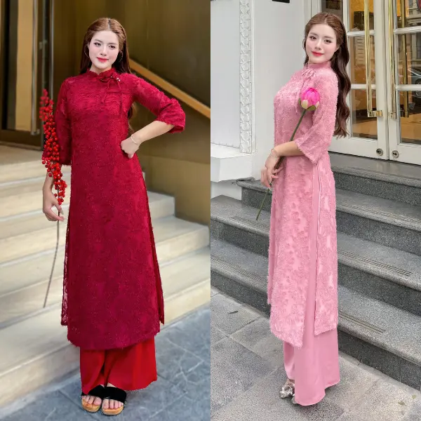 AODAIVN Áo dài cách tân 4 tà lông vũ Yến phượng màu đỏ phối nơ buộc cách điệu dành cho nữ diện áo dài tết Women Nhung Dress đen Voi Kem