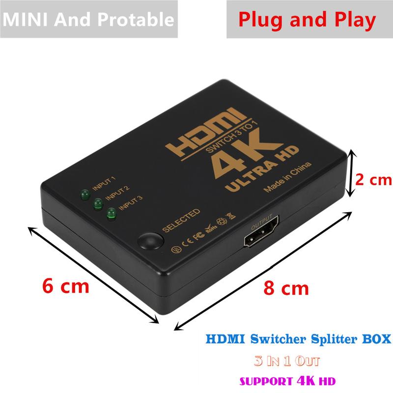 Product Introduction of 3 in 1 out 4K*2K 1080P Switcher HDMI Switch Selector 3x1 Splitter Box Ultra HD for HDTV Xbox PS3 PS4 Multimedia HOT Selling 3