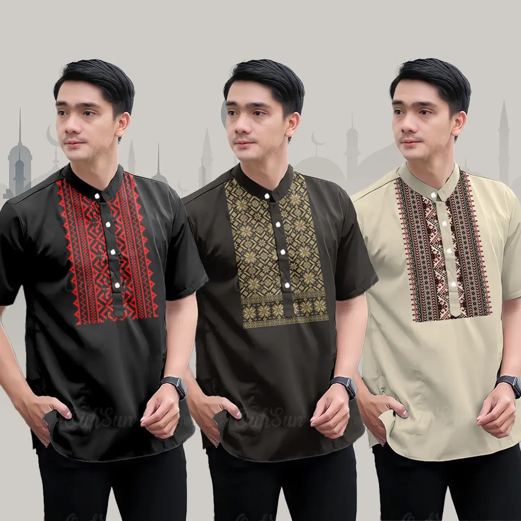 Men's Shirt Raya 2025 Malaysia Ramadan 3D Printing Casual Men's Stand-up Collar Short-sleeved Shirt Muslim Wear Family Gathering Batik Shirt