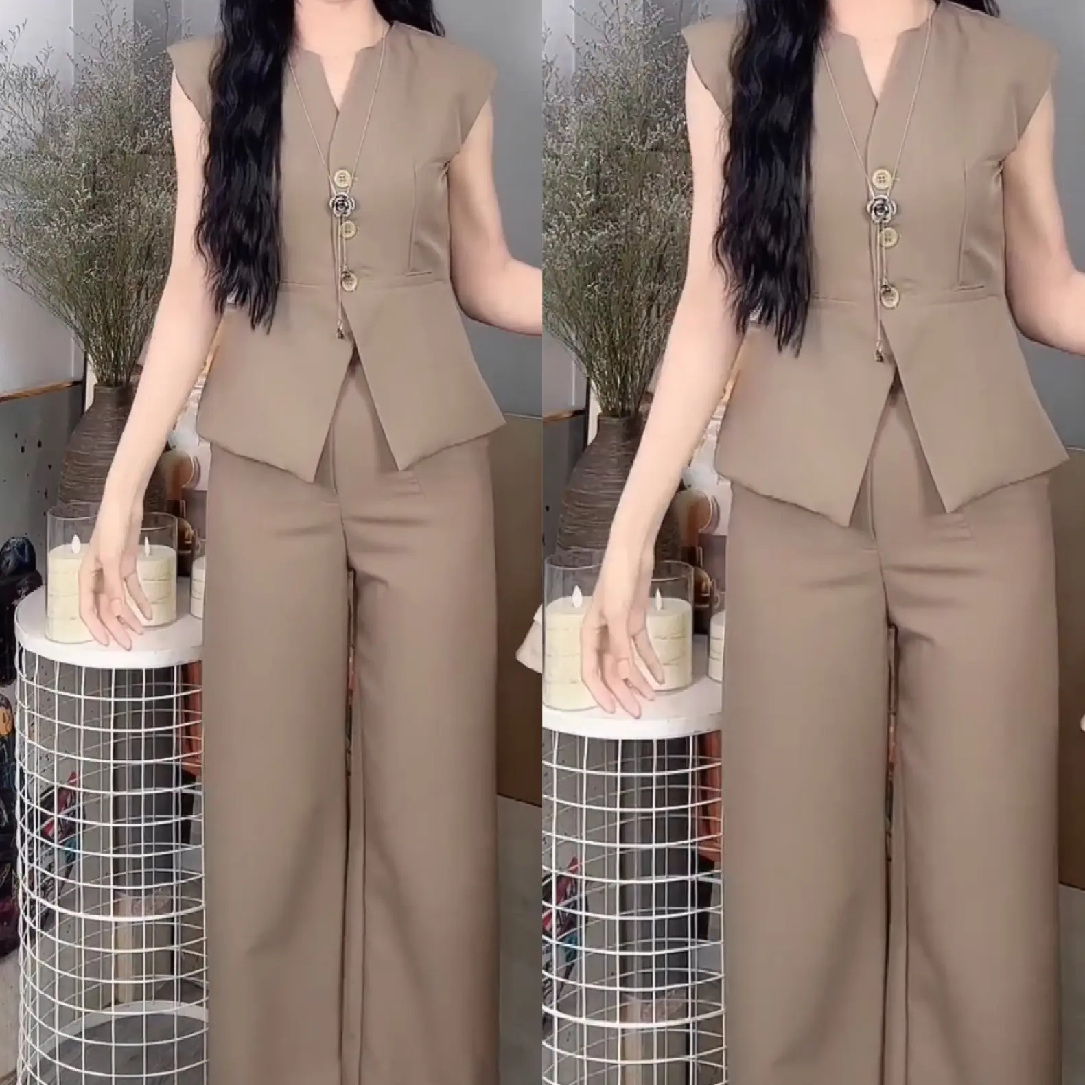 S15- SÉT TK DI NGUYỄN NÚT BỌC ÁO+QUẦN 2 LY SUÔNG NỮ Women Top
