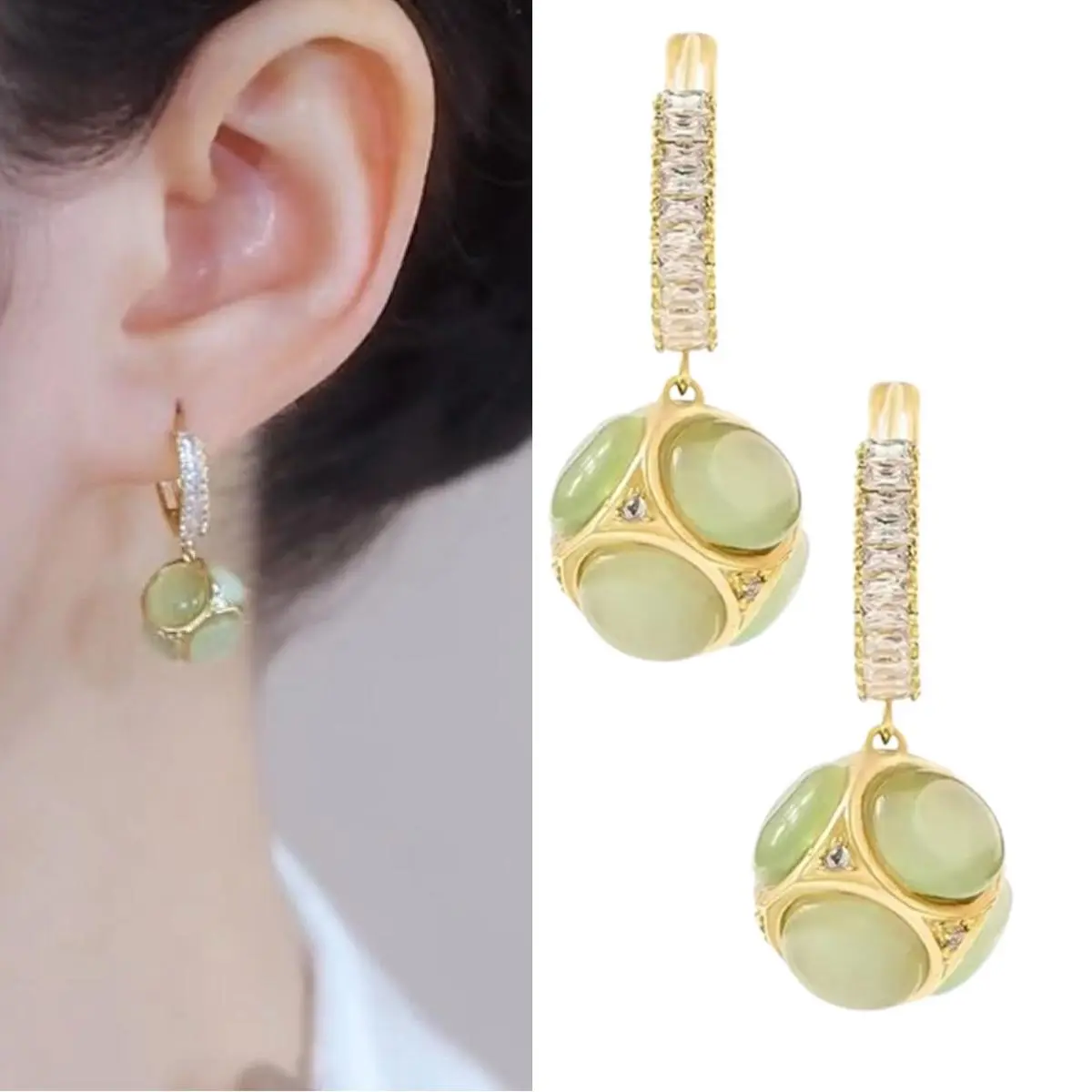 Hoa Tai Màu Xanh Lá Cây Thiết Kế Thanh Lịch, Hoa Tai Quả Cầu May Mắn, Được Trang Trí Bằng Vẻ Đẹp Tinh Tế, Thích Hợp Để Đeo Hàng Ngày, Phù Hợp Với Nhiều Loại Quần Áo Và Trang Điểm, Nhỏ Và Tinh Tế, Sáng Bóng