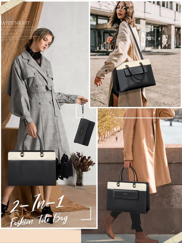 Women's Colorblock Laptop Bag & Wristlet, Fashionable Pu Leather Briefcase & Wristlet, Computer Bag for Office Travel 7