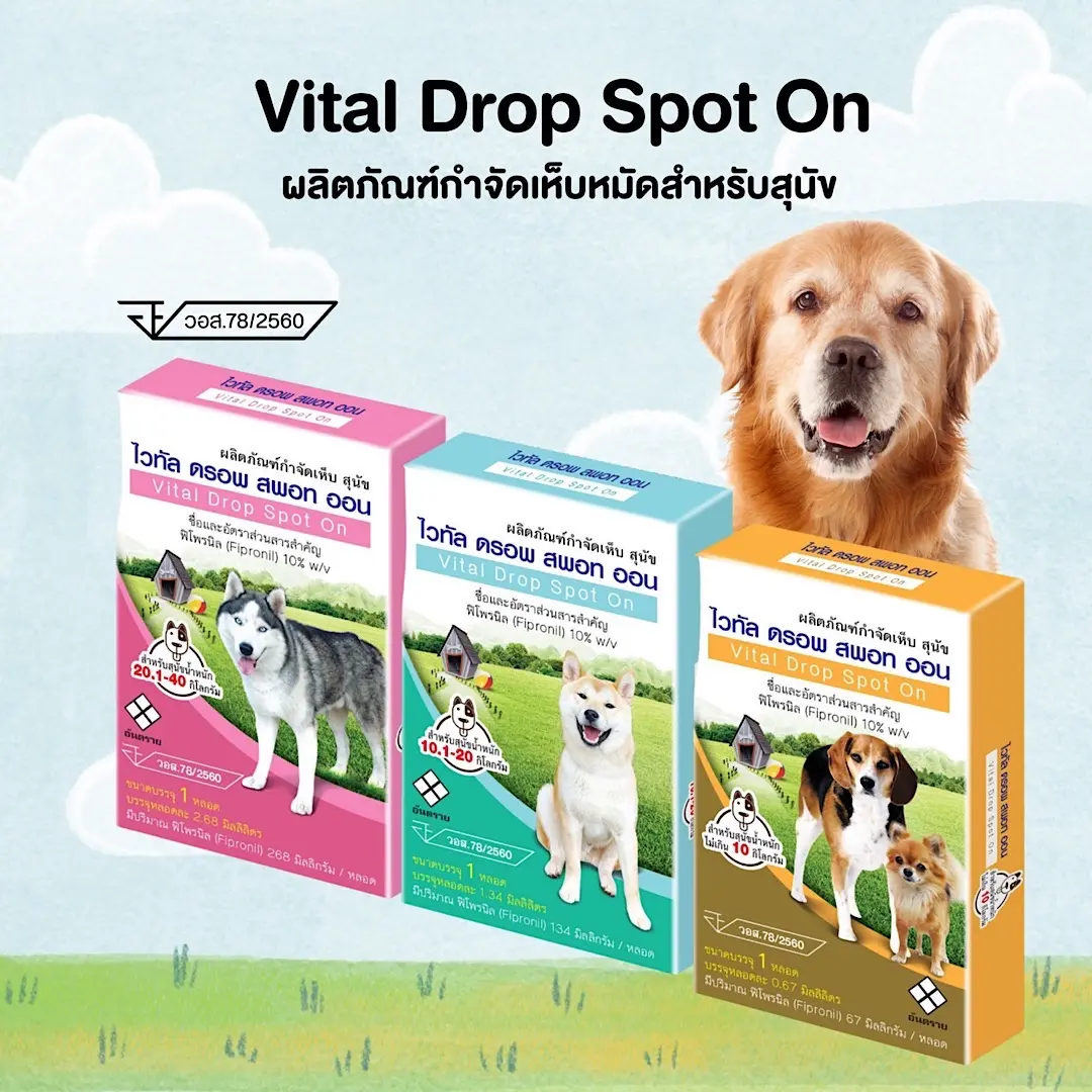 ผลิตภัณฑ์กำจัดเห็บแบบหยดหลังคอ ยาหยดสุนัข Vital Drop Spot On 1หลอด ทะเบียน อย.วอส78/2560 มี3 ขนาด ให้เลือก
