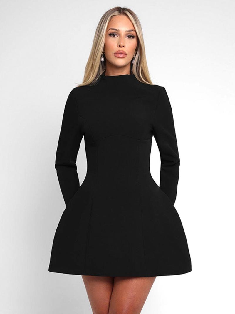 Product Introduction of Women's Plain Backless Button Decor A Line Dress, Elegant Long Sleeve Stand Collar Zipper Back Short Dress for Party Holiday Wedding Guest, Ladies Spring & Fall Clothes, Dresses for Women, Classy Modest Dresses 3