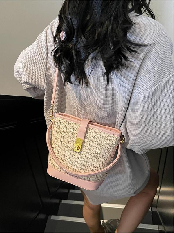 Fashionable Colorblock Straw Handbag, Casual Versatile Shoulder Bag for Women, Trendy All-match Bag for Daily Use 5