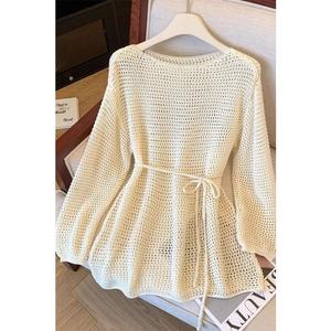 French Style Hollow Out Round Neck Long Sleeve Knit Sweater for Women Summer Thin Loose Outerwear Sun Protection Air Conditioning Cover-Up Sheer Top