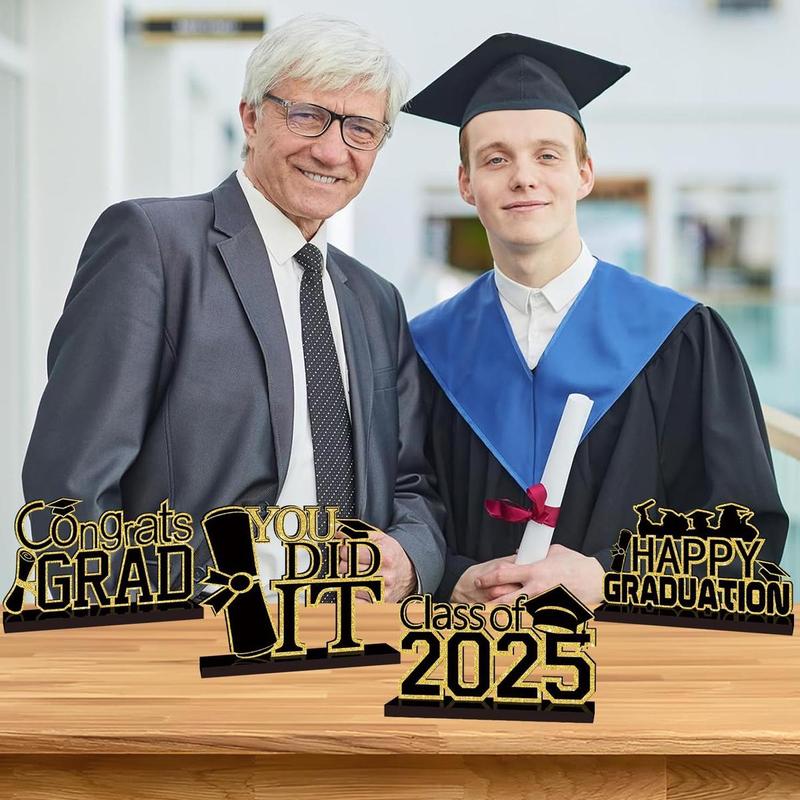 Graduation Themed Wooden Table Centerpiece, 4 Counts/set Class Of 2025 Congrats Grad Letter Pattern Ornament, Graduation Decorations for Home Party School 2