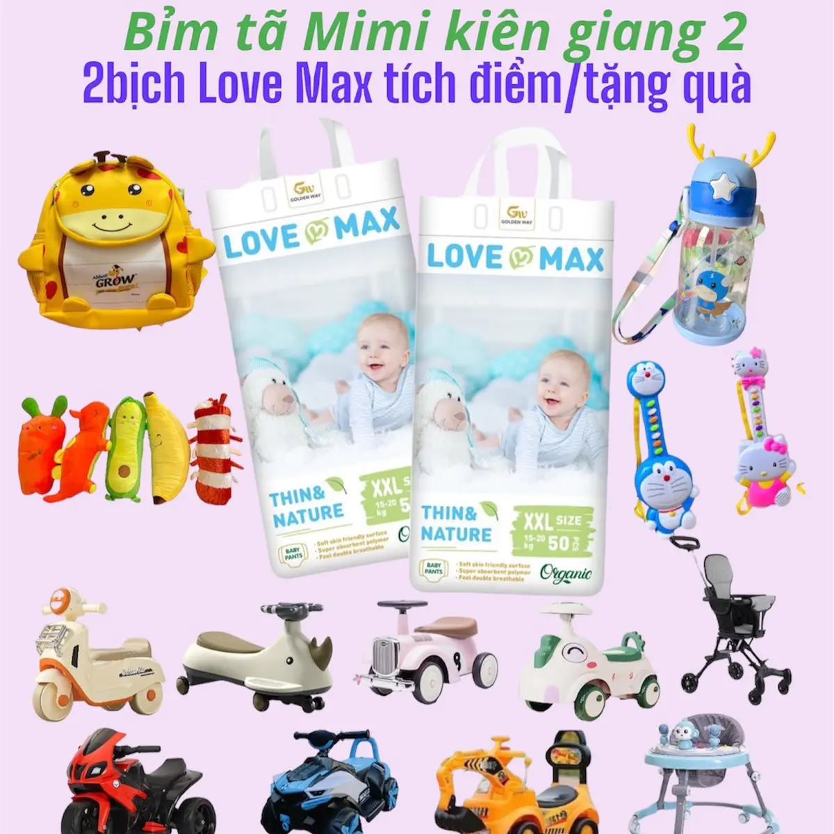 [TÍCH ĐIỂM] Combo 2bịch bỉm LOVE MAX organic mềm mỏng đủ size cho bé NB-5XL Voi Kem