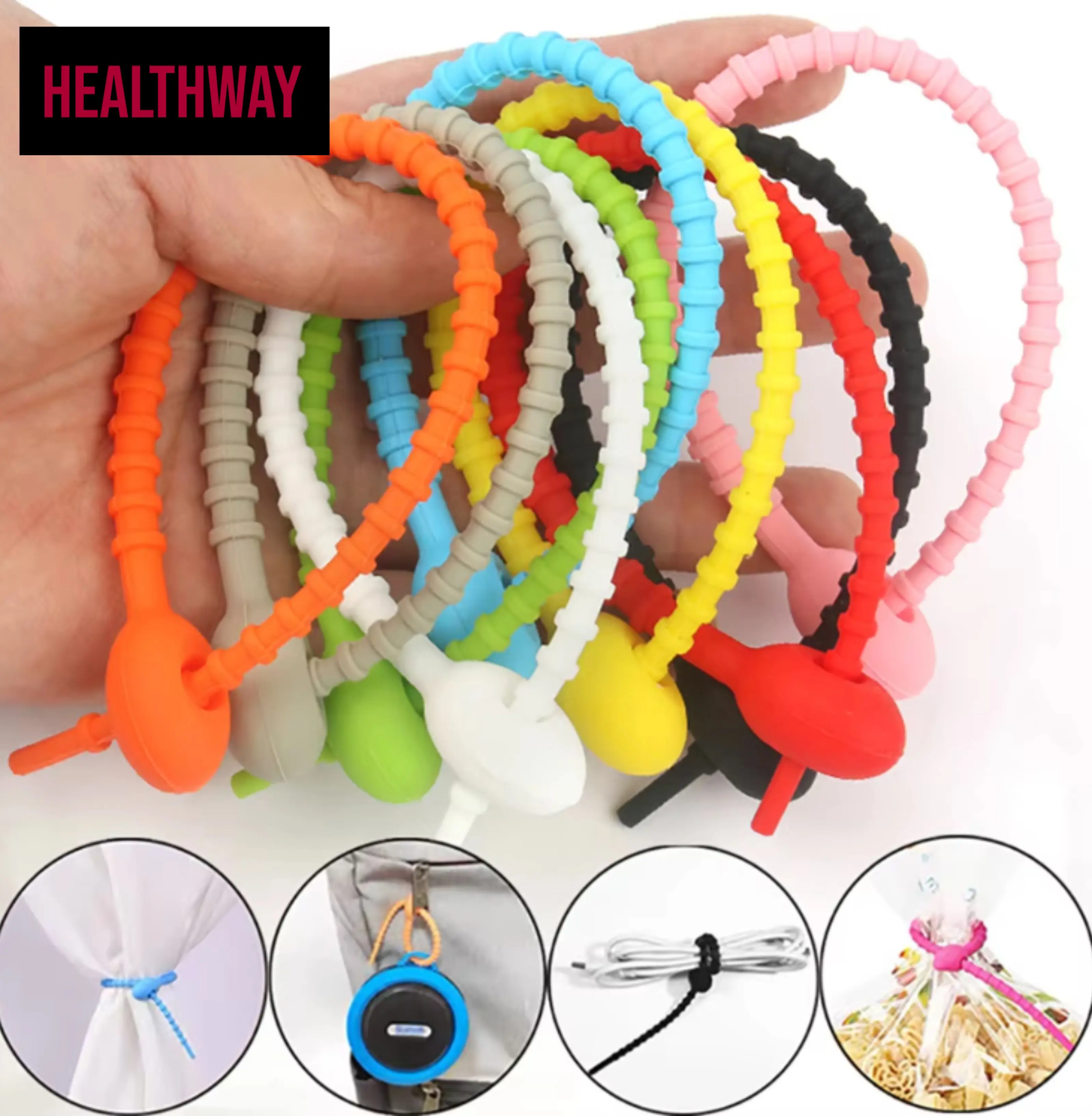 Colorful Silicone Self-Locking Wire Zip Tie Seal Rope Reusable Fasten Cable Twist Food Clip