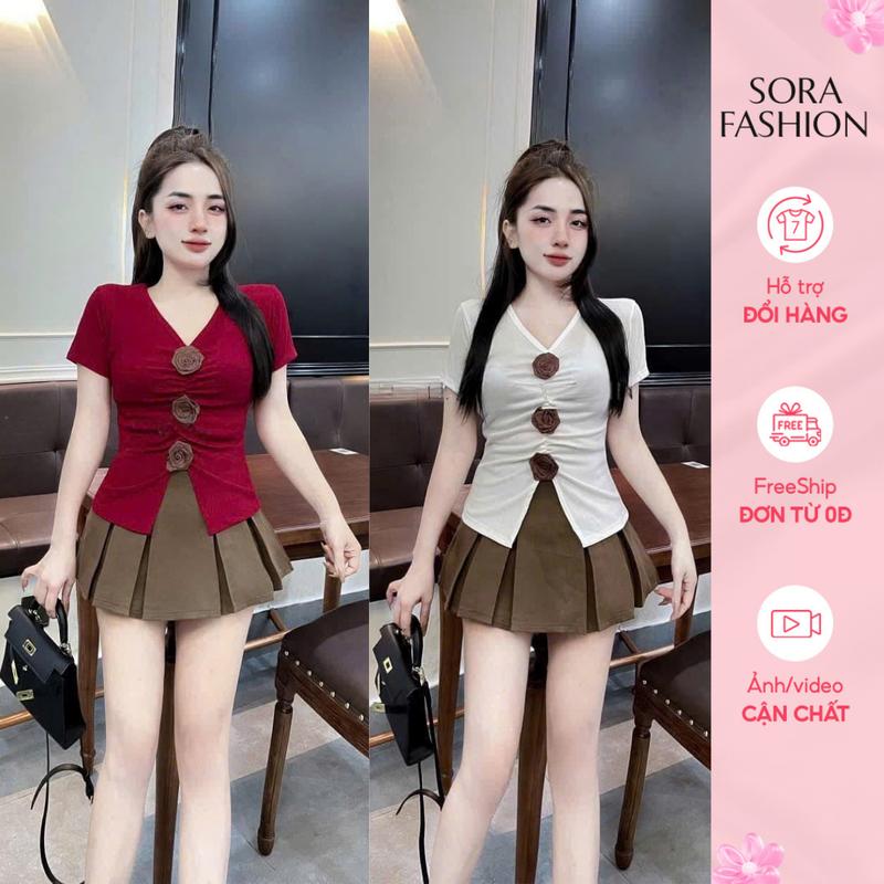    DEAL HỜI   Áo Thun Kiểu Nữ Ngắn Tay Sora Fashion  Áo Thun Nữ Bigsize Đính Hoa Nổi Rúm Thân Che Khuyết Điểm Chất Liệu Thun Tăm 209 