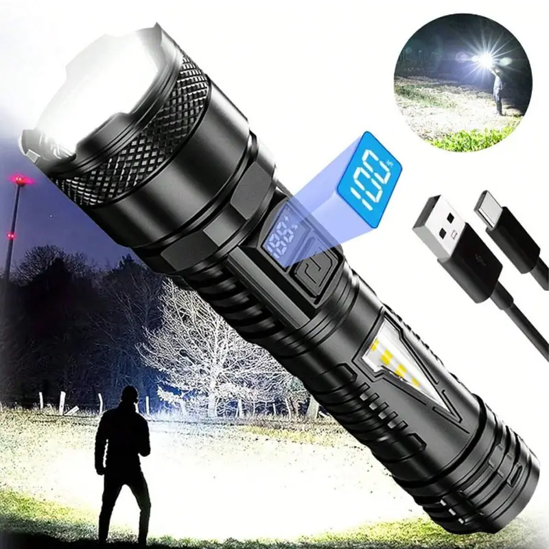 Senter Super Terang Jarak Jauh USB C Rechargeable Zoomable Senter Laser Putih LED Anti Air Flashlights