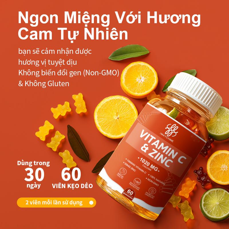 Product Introduction of Kẹo dẻo iMATCHME Vitamin C + Kẽm 1020mg hỗ trợ chức năng miễn dịch, giúp xương chắc khỏe, tăng cường sức khỏe làn da và làm chậm quá trình oxy hóa. Phù hợp cho cả trẻ em và người lớn. Sản phẩm bổ sung, không thay thế thuốc chữa bệnh 7