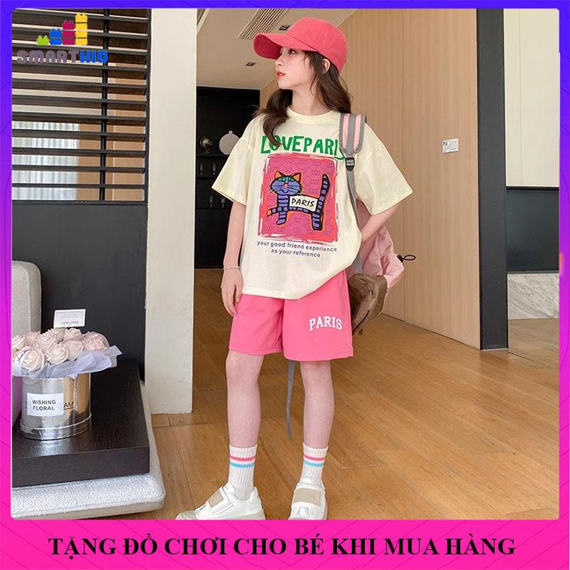 Bộ cộc tay bé gái, đồ bộ cho bé gái mùa hè, quần áo mùa hè cho bé gái mẫu Paris size 18-50kg chất liệu cotton thoáng mát, bộ đồ bé gái mùa hè