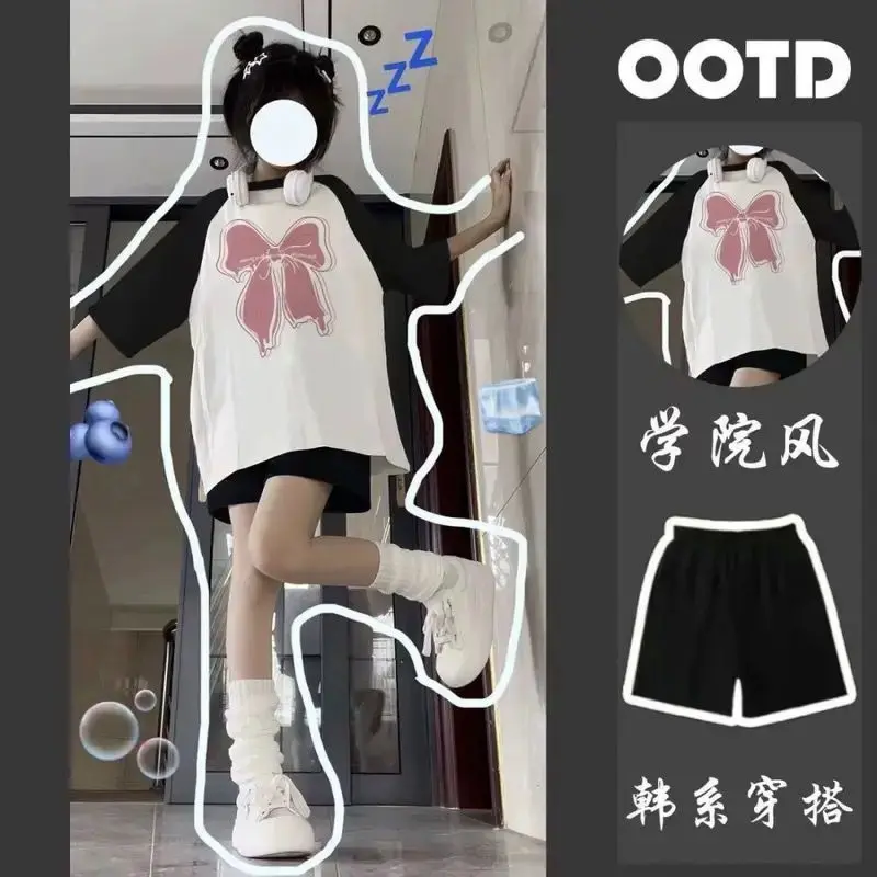 Bộ Đồ Mùa Hè Cho Bé Gái, Phong Cách Preppy, Áo Phông In Hình Hoạt Hình Thường Ngày ngắn Tay, Quần Đùi Phù Hợp, Cỡ Lớn Cho Trẻ Em, Bộ Hai Mảnh