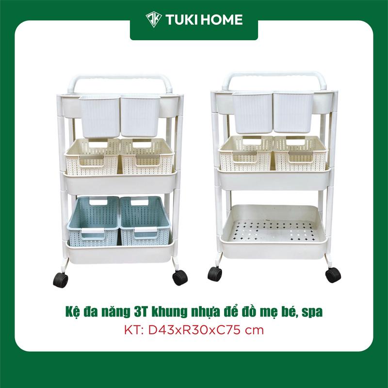 [SALE Kệ KHUNG NHỰA Ecomax] Kệ đa năng 3 tầng có tay đẩy, đựng đồ mẹ bé, rổ đan mây, giỏ treo đồ tiện dụng Kitchen