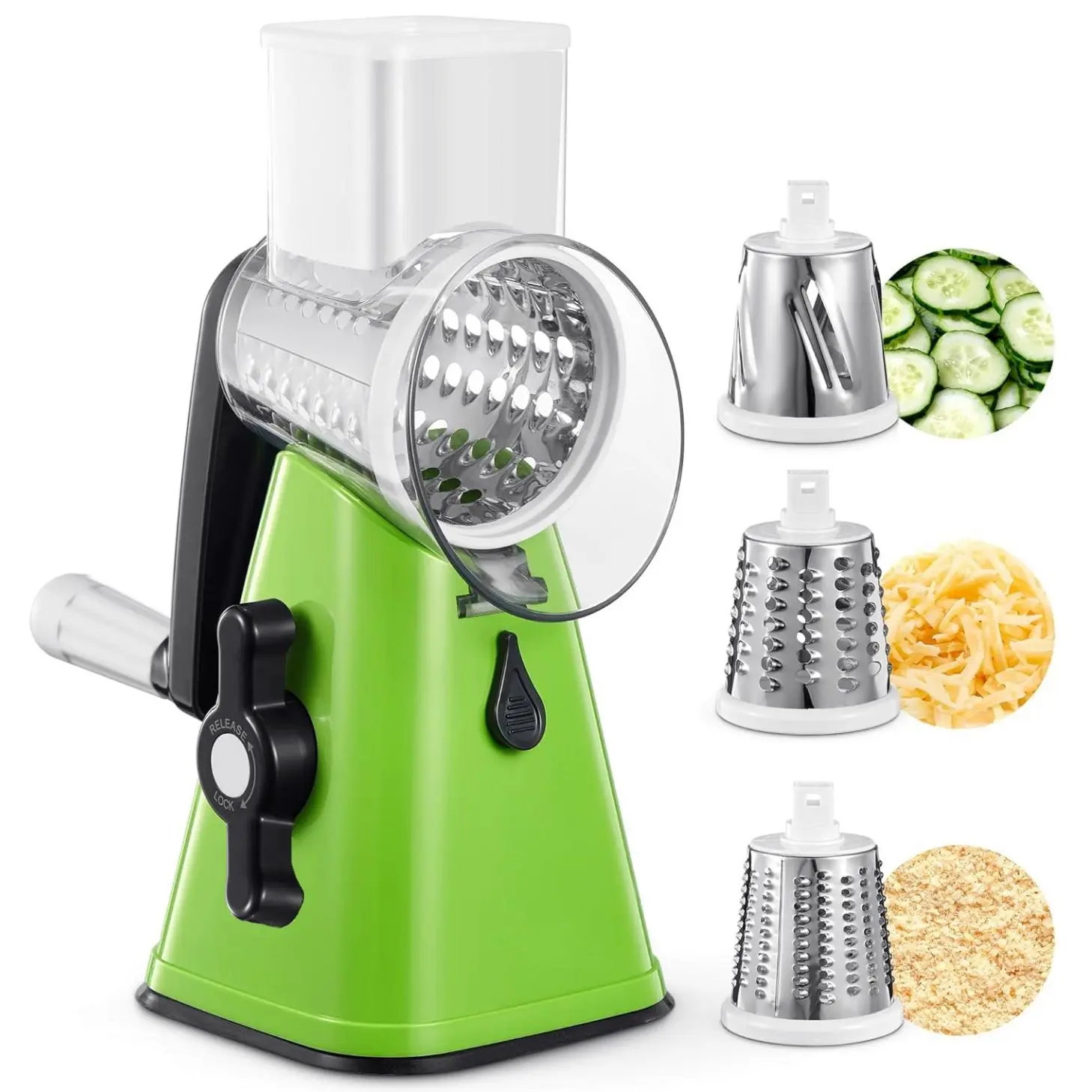 Rotary Cheese Grater, Multifunctional Manual Vegetable Chopper with 3 Stainless Steel Interchangeable Blade, Hand Crank Vegetable Grater for Kitchen