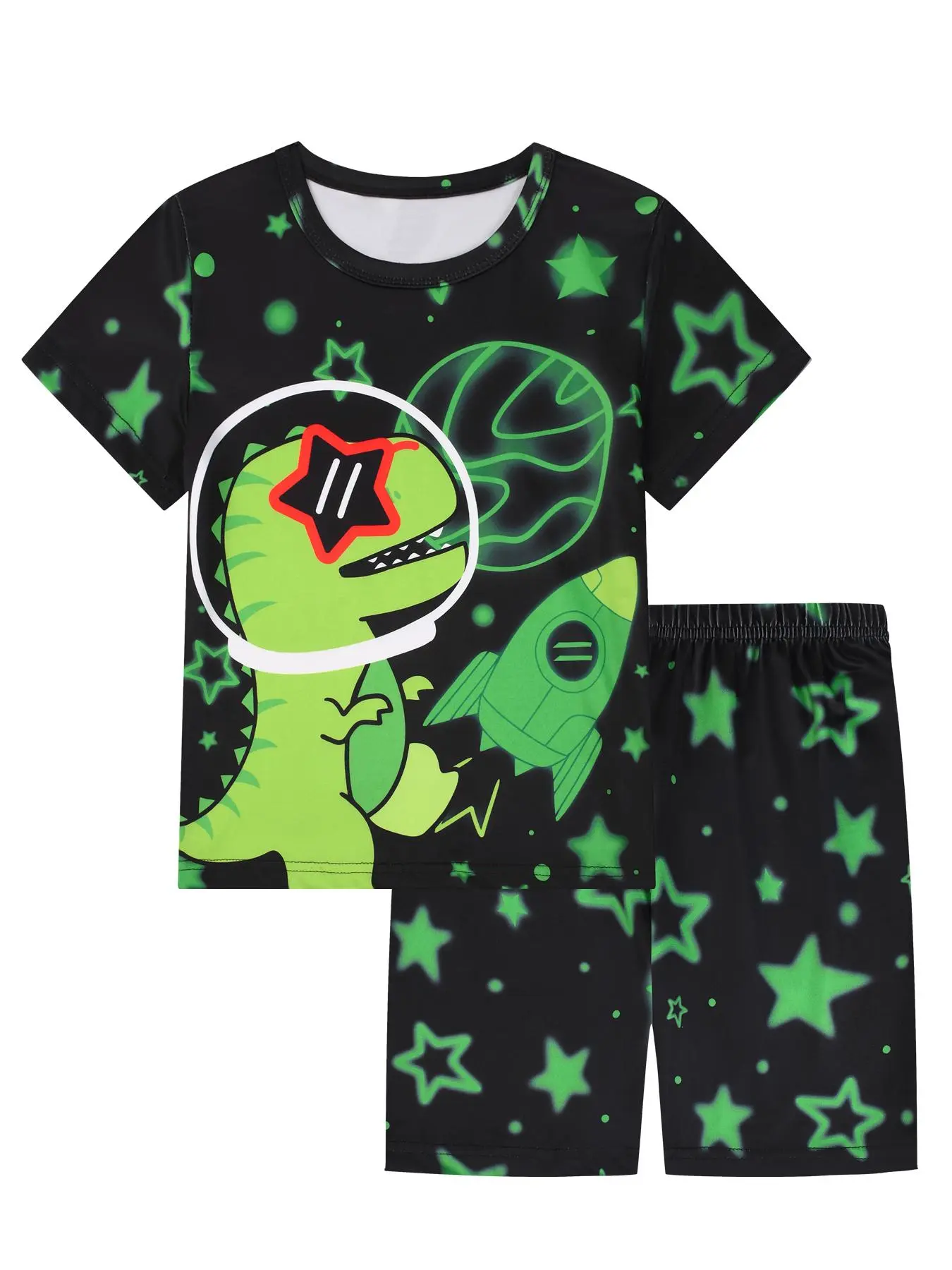 Boy's Cartoon Dinosaur Print Tee & Star Print Shorts Loungewear Two-Piece Set, Casual Comfy Round Neck Short Sleeve T-Shirt & Shorts Set, Kids Sleepwear for Summer