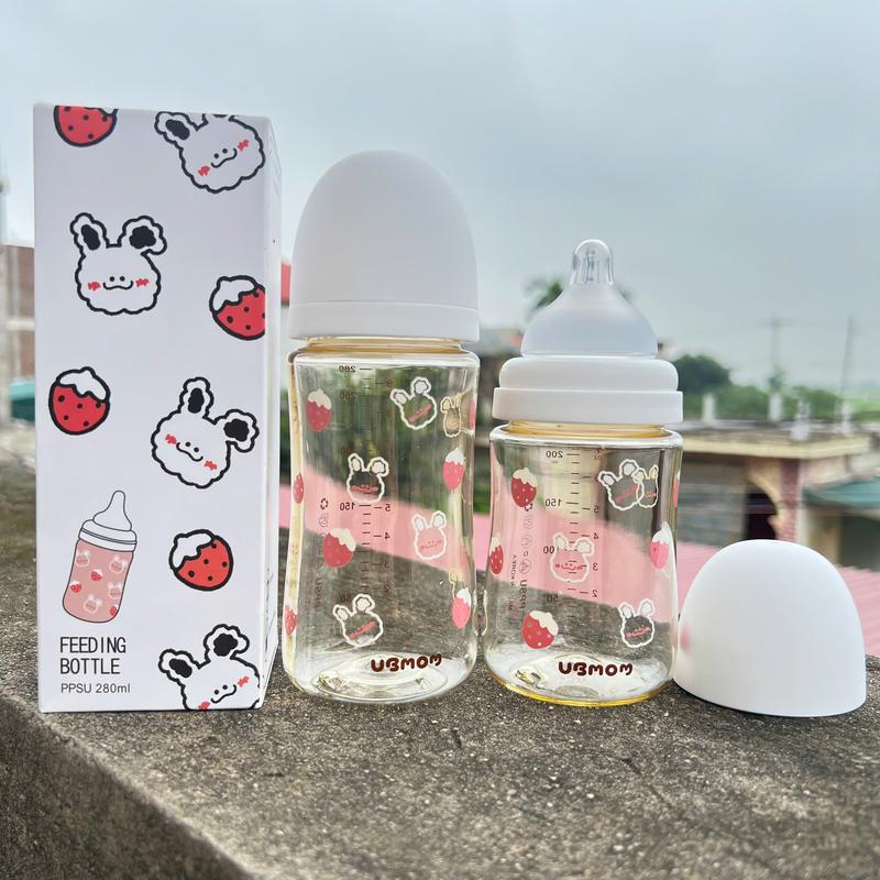 Bình sữa UBmom cổ rộng PPSU hoạ tiết Thỏ dâu tây trắng 200ml/280ml - Cho Bé