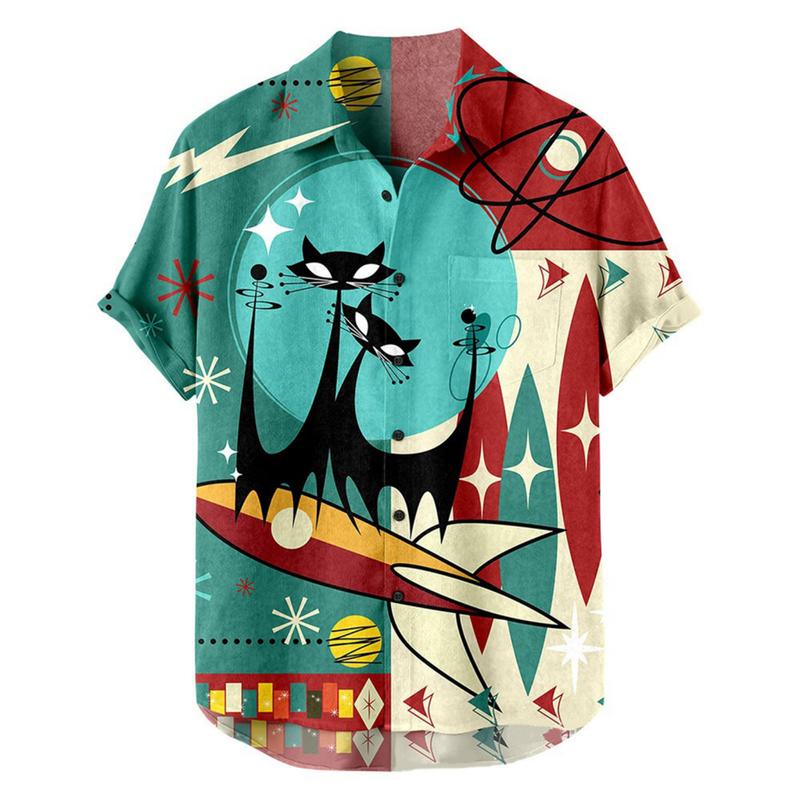 Huxriqvy Men Beach Shirt Color Matching Loose Graffiti Pattern Men Beach Top Single-breasted Men Clothes 6