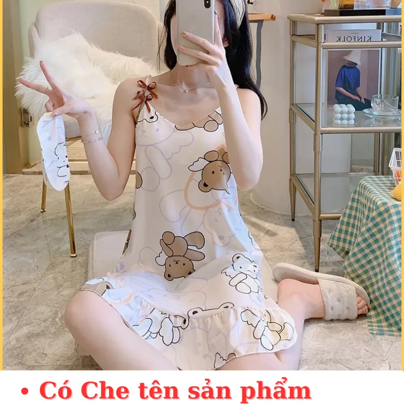 Váy ngủ hai dây sexy, đầm ngủ thun cotton hoạt hình mềm không có đệm ngực dễ thương Nữ Women