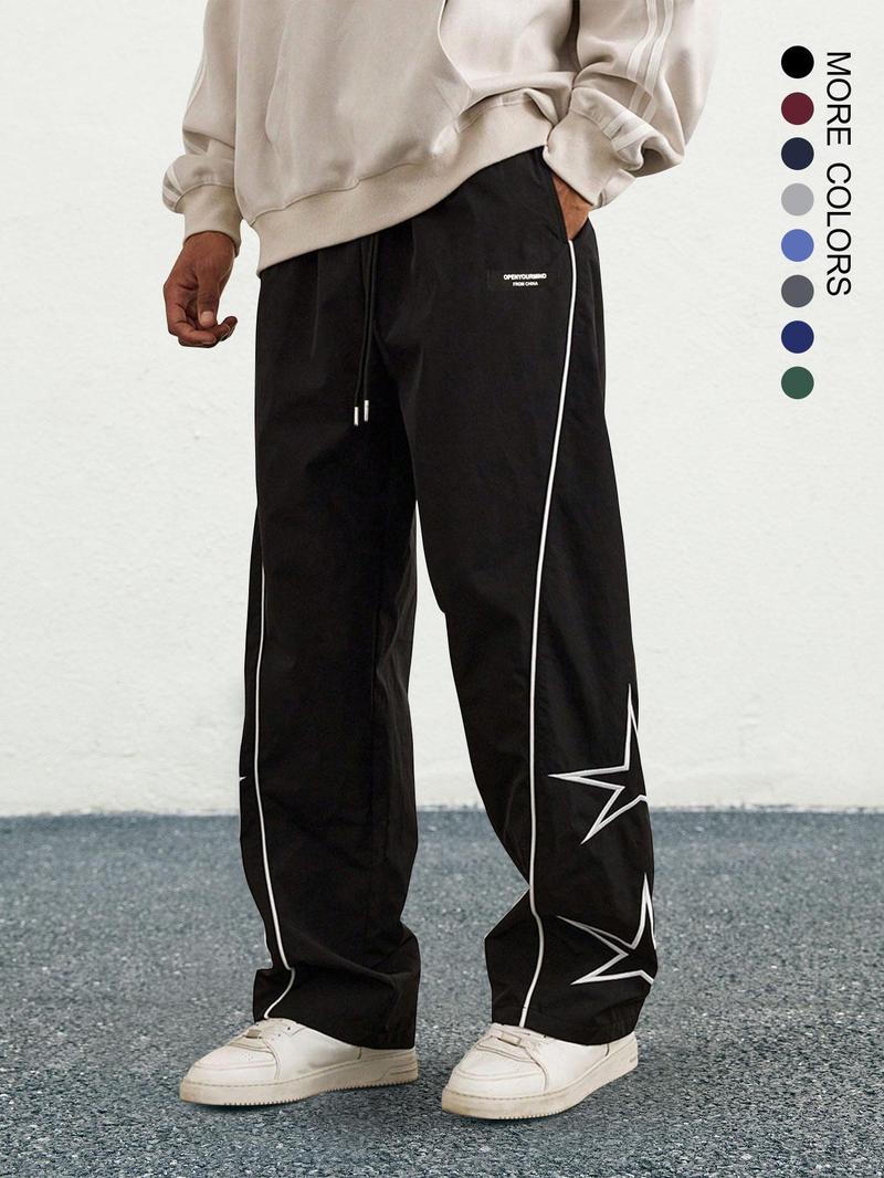 Product Introduction of Men's Loose Star Print Drawstring Waist Wide Leg Pants, Casual Pocket Trousers for Daily Wear, Woven Bottoms for All Seasons, Striped Trousers 13