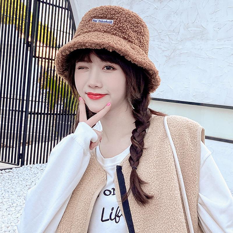 Product Introduction of Lamb Wool Bucket Hat Winter Warm Hats For Women Lady Thicken Flat Top Cap Panama Outdoor Fisherman Hat Caps Letter Embroidered Hat Fisherman Cap 56-58 cm 33
