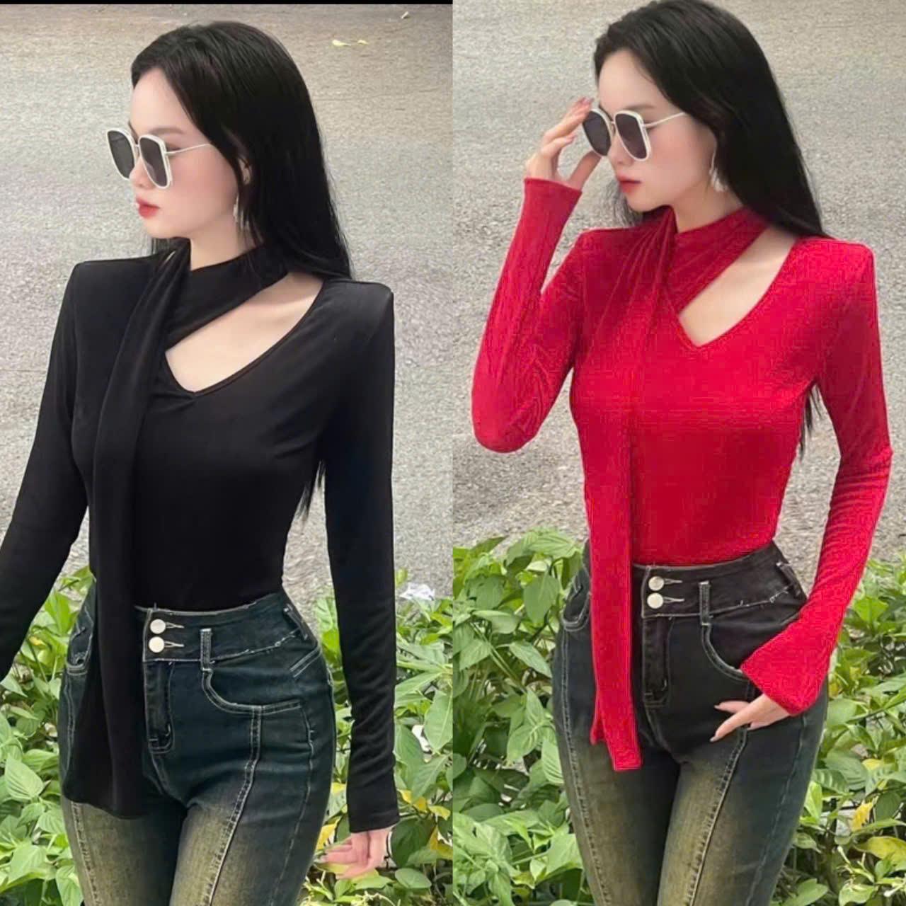 Áo Thun Cổ Tim Cuốn Cổ Tay Dài Ấp Vải Nhũ Hoa Sang Trọng 45- 90Kg Bigsize Dễ Thương Top Nữ Women - B.1462