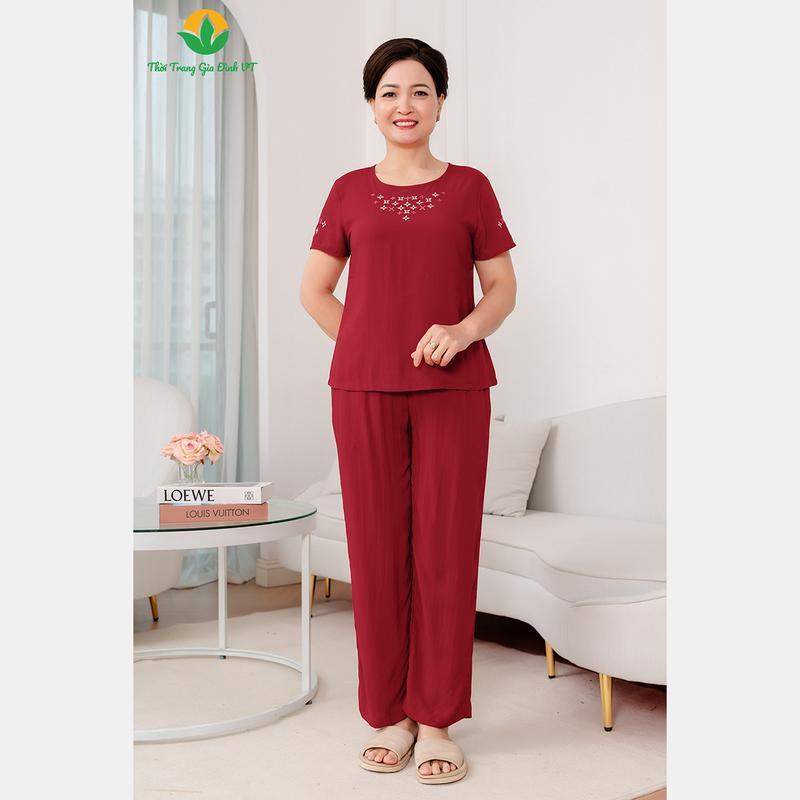 Bộ lanh mặc nhà trung niên Việt Thắng, quần dài, áo cộc tay họa tiết  - B28.5033 Nữ Women