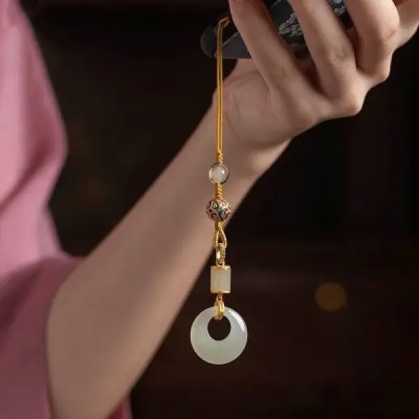 dây đeo điện thoại  Mobile Phone Pendant Hetian Jade Peace Buckle Phone Chain Lanyard Sterling Silver Ancient Gold Retro Chinese Style Mobile Phone Pendant for Men and Women Chuỗi trang trí điện thoại 0
