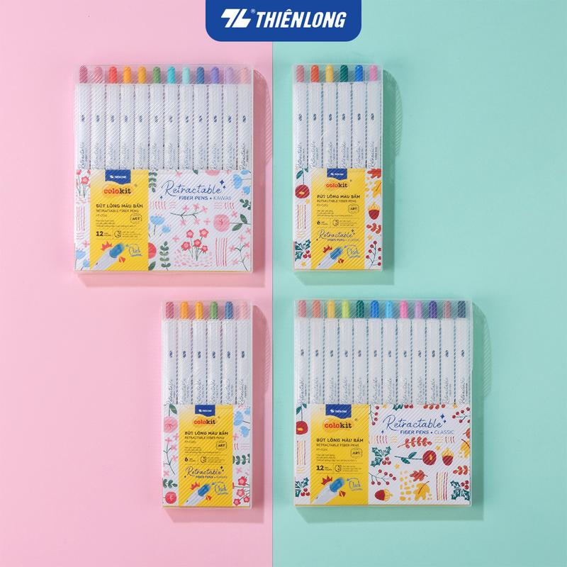 Bút lông màu bấm 6 12 màu Retractable Fiber Pens - Bút màu lông calligraphy Thiên Long Colokit 0.6mm Classic và Kawaii