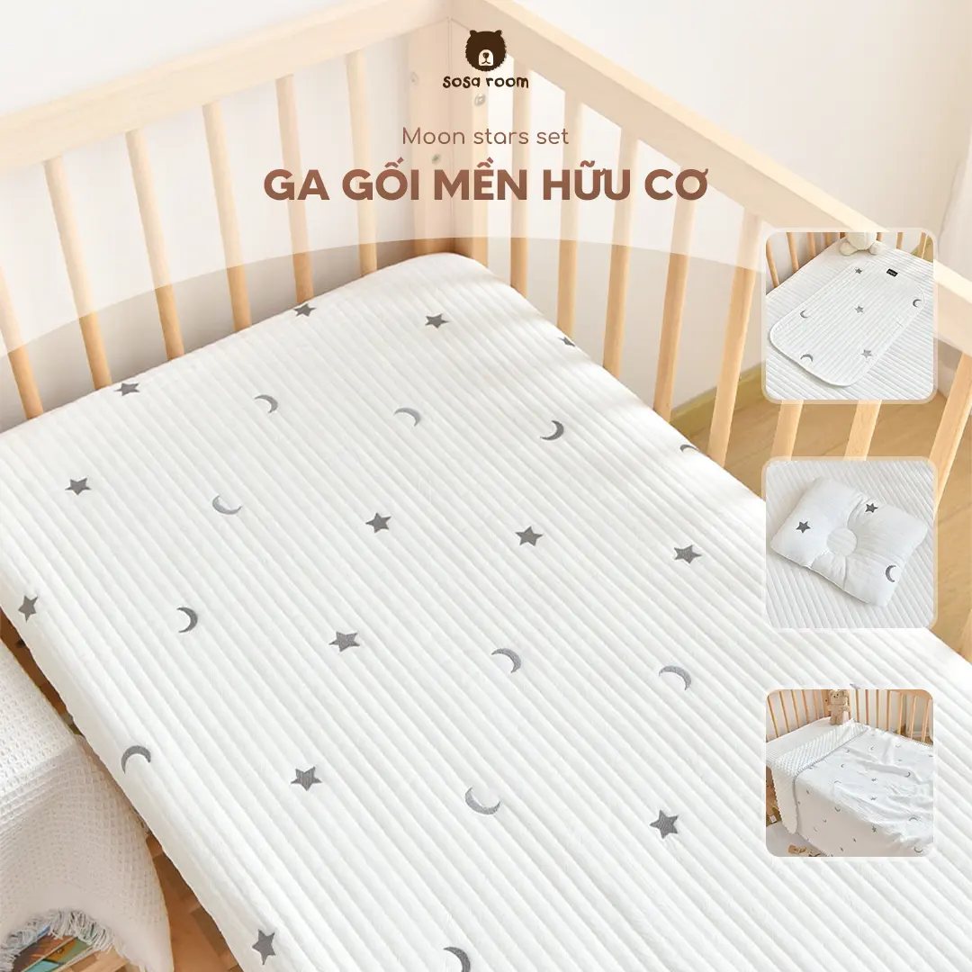 Quây ga gối mền thêu trăng sao, cotton trần bông hữu cơ, quây chống va đập, siêu thông thoáng