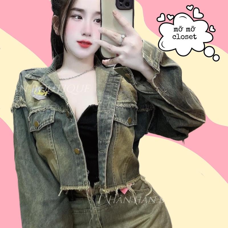 Áo khoác jean lửng croptop phối tua rua wax bụi Nữ Jacket Kaki