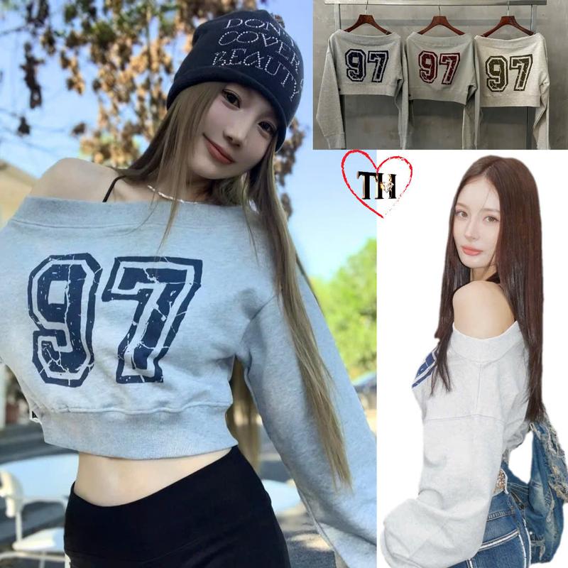 ÁO TRỄ VAI DÁNG NGẮN CHẤT NỈ BÔNG NGOẠI IN SỐ 97 FORM 40_62KG cổ tay gấu bo dẹt hottrend thu đông 2024 by TH STORE Nữ Voi Top Women Hoodie